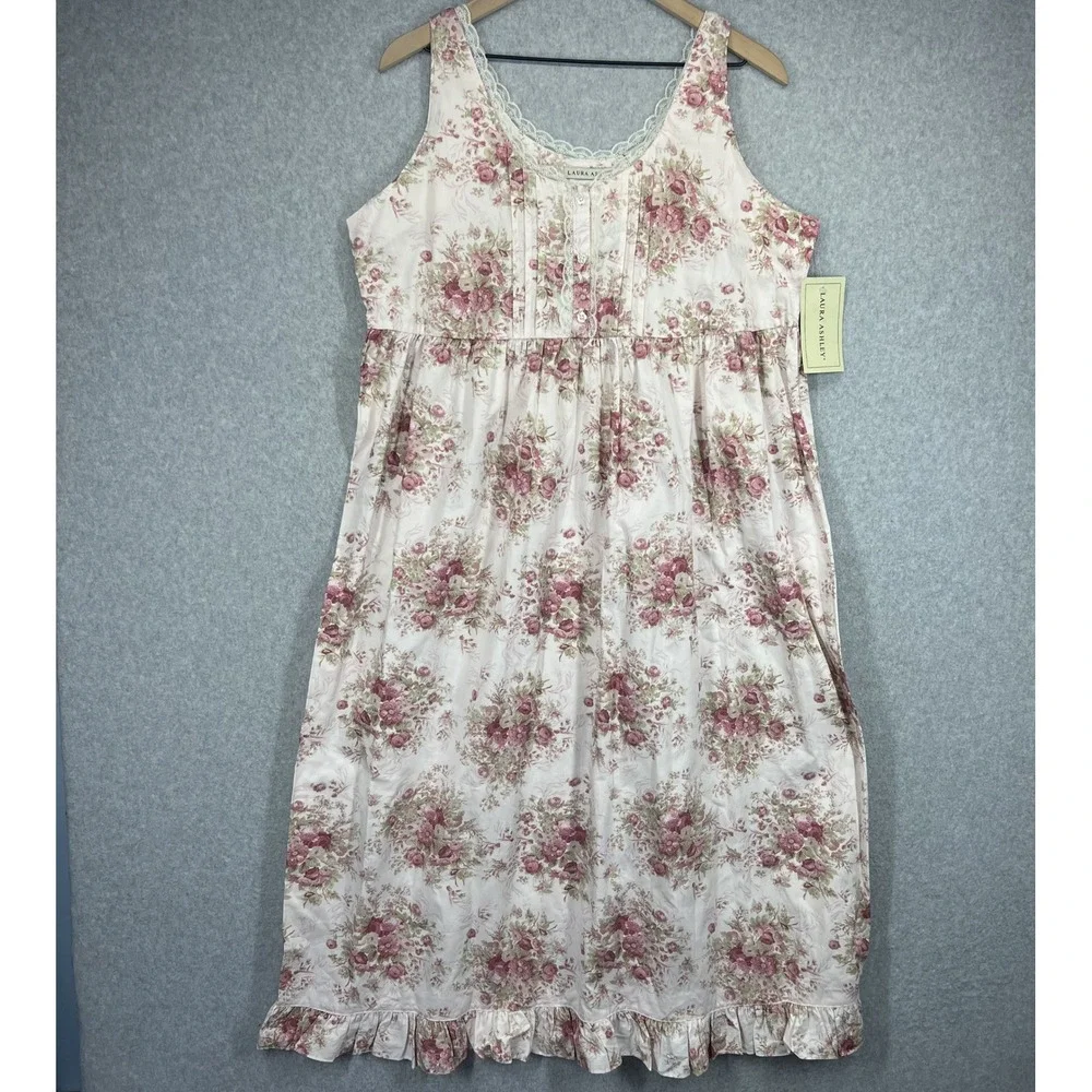 Laura Ashley Nightgown Women L Rose Tea Pink Floral Cotton Lace Trim Vintage NWT